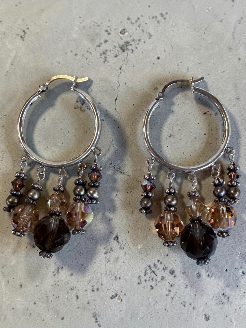 Silver Hoop Earrings with Brown and Champagne Crystal Drops